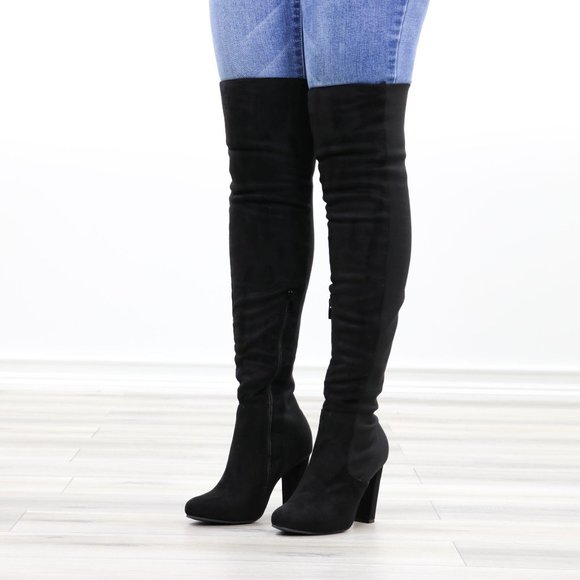 Faux Suede & Stretchy Material Thigh High Boots - Picture 12 of 13